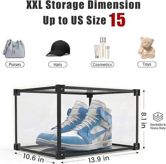 Transparent Plastic Storage Clear Shoe Display Case Box Organizer - Magnetic Side Open, 16PC (Black)