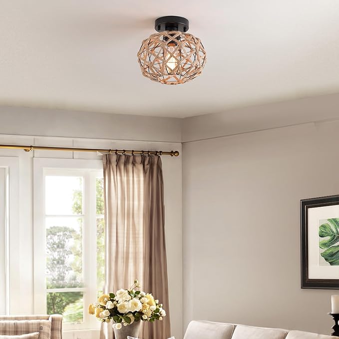 2 Pack Coastal Woven Flush Mount Ceiling Light Fixture Small Boho Rustic Hemp Rope Cage Semi Flush Mount Ceiling Light for Kitchen Hallway Farmhouse Entryway Beach, Black