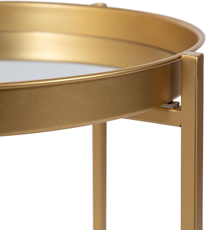 Kate and Laurel Celia Round Metal Foldable Tiered Side Table; 16 x 26; Gold; Modern Accent Table with Mirrored Magnetic Tray Tabletops and Space-Saving Folding Base