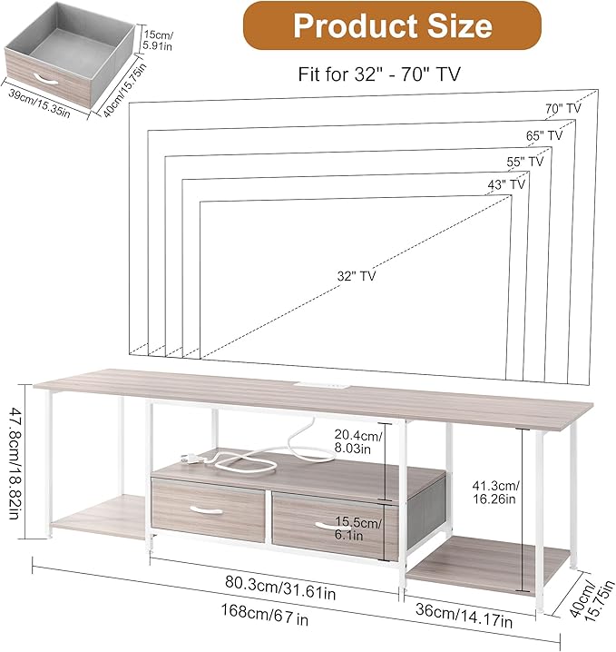 TQVAI 70 Inch TV Stands, Farmhouse Television Stand with Storage Drawer & Opening Shelves for Living Room Bedroom Dorm TV Consoles Entertainment Center with Power Outlets, Retro Grey/White