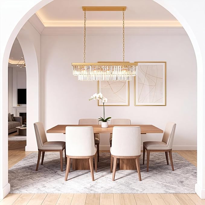 Gold Modern Rectangular Crystal Linear Chandeliers Rectangle Contemporary Pendant Ceiling Light Fixture for Kitchen Island, Dining Room, Bar, 12-Light 47 Inches