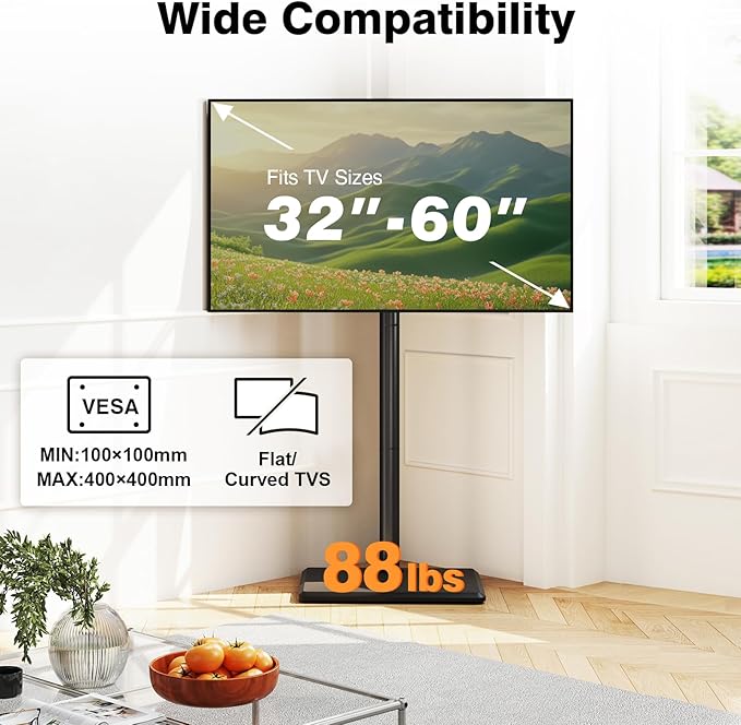 TVON Universal Floor TV Stand with Mount for Most 32-60 Inch TVs up to 88lbs, Height Adjustable TV Floor Stand with Wood Base for Space Saving, Tall Floor TV Stand for Bedroom, Corner & Living Room