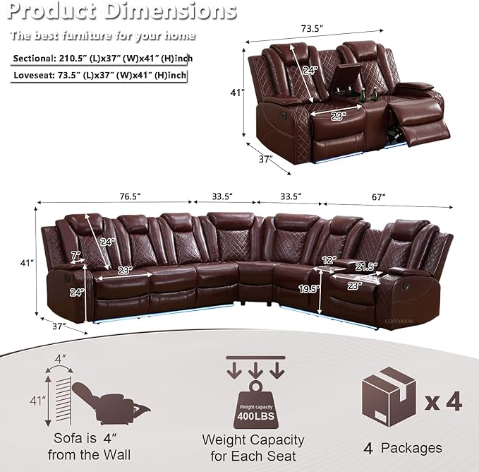 Power Recliner Sectional Sofa Set with LED, Luxury Breathing Leather Sectional Reclining Corner Couch Set, L-Shaped Sofa Couch Set with Cup Holders/Storage for Living Room