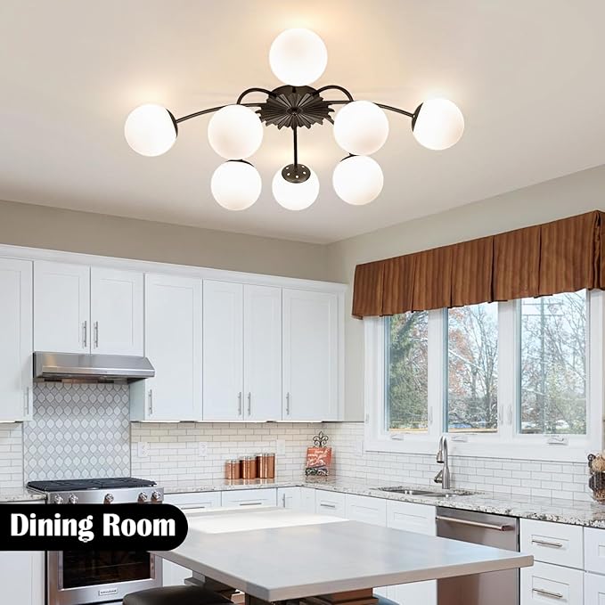 8-Light Milk Glass Pendant Light, 33" Sputnik Bubble Glass Chandelier Light Fixture, Hand Blown Semi Flush Mount Ceiling Chandeliers Lighting for Dining Room, Living Room (Black, 8-Light Ceiling)