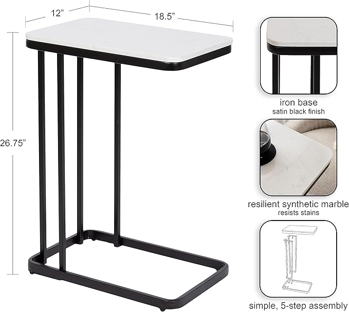 Kate and Laurel Credele Modern Marble C-Table End Table; 12 x 19 x 27; Black and White; Chic Contemporary TV Tray Table with Metal Legs and Cultured Marble Tabletop