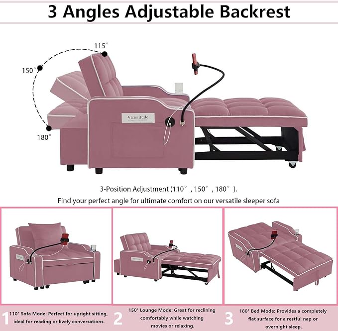Convertible Sofa Bed, 3 in 1 Futon Sofa Bed with USB Charging Ports, Cup Holder, Phone Stand & Pocket, Modern Upholstered Sleeper Sofa for Living Room, Apartment or Small Space (Pink)