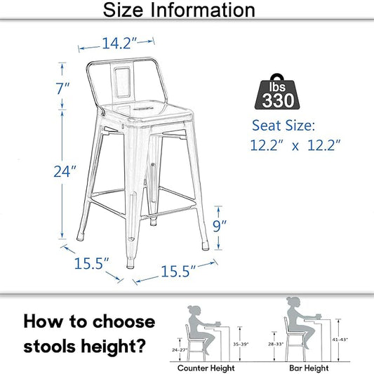Tongli Metal Bar Stools Set of 2 Counter Stools Metal Bar Chairs Stools Counter Height Barstools Indoor Outdoor (Silver, 2PCS-24)