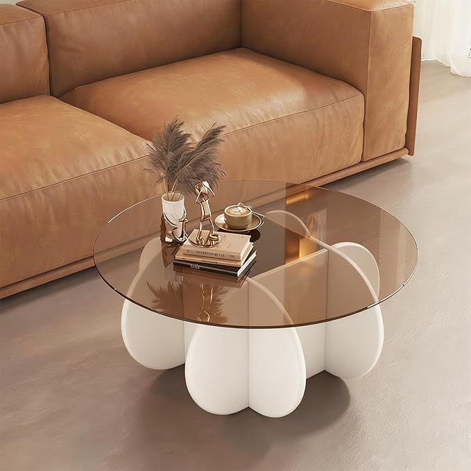 Round Coffee Table, Modern Glass Coffee Table for Living Room, Unique White Center Table with Tempered Glass Top & Solid Wood Legs, Circle Amber Accent Table for Small Spaces
