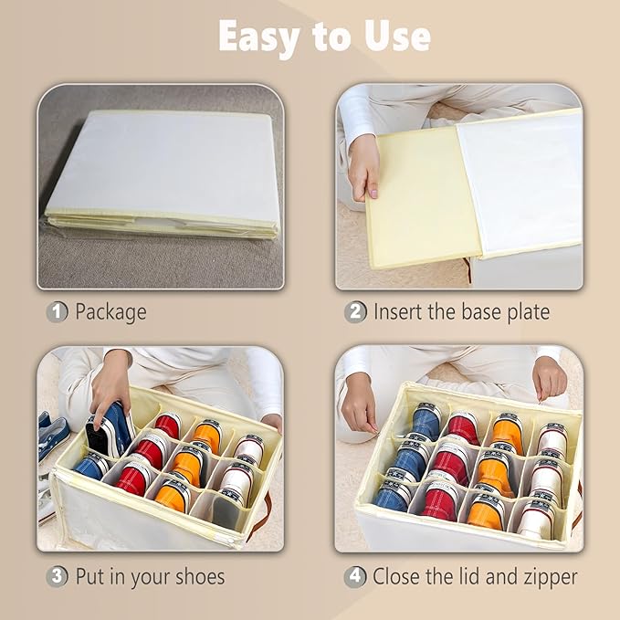 2 Pack Shoe Storage Box Organizer for Closet - 24 Cell Space Saver Shoes Containers Bin with Clear Lids Stackable, Can Fit Ottoman, Foldable Shoe Rack Cabinet Cubby for Wardrobe
