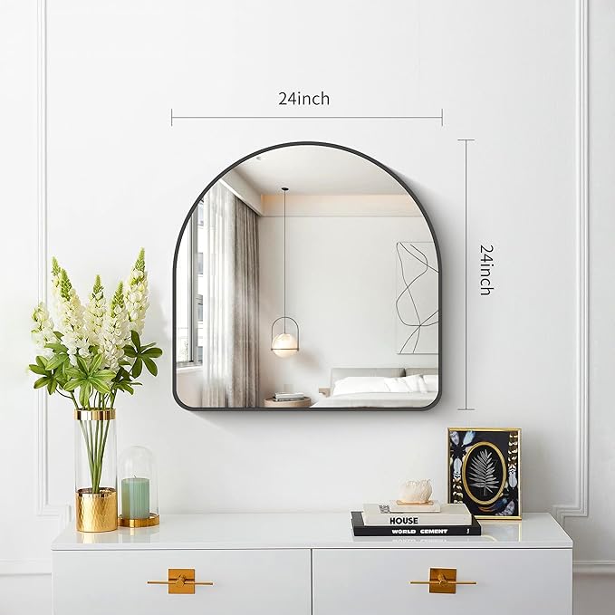 FORBATH Arched Bathroom Mirror 24x24 Inch, Black Bathroom Mirror Wall Mounted Modern Aluminum Alloy Frame Arch Mirror for Bedroom Living Room Entryway, Hanging or Leaning Against Wall