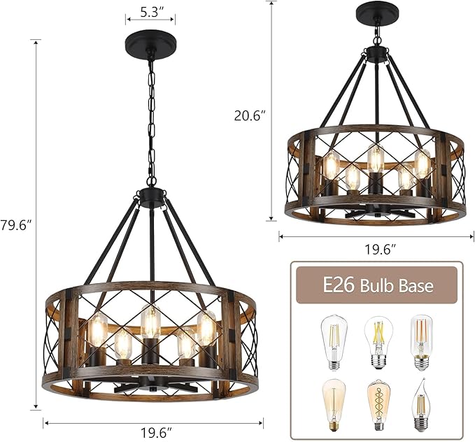 5-Light Farmhouse Chandelier 19.8" Black and Brown Rustic Chandelier for Dining Room Wood Texture Adjustable Pendant Light Fixture for Kitchen Island Entryway Bedroom Hallway
