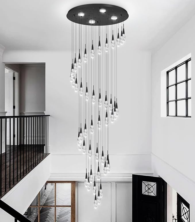 46-Lights 19 Feet Large Modern Chandelier LED Light Fixtures High Ceiling Long Light Chandelier for Entrance Foyer Dimmable Lights with Remote Living Room Ceiling Pendant Lighting Black