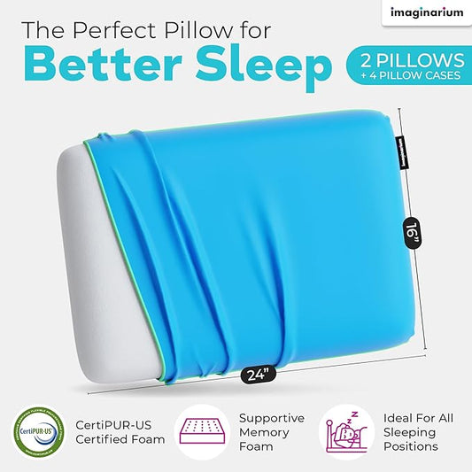 Imaginarium 2 Pack Memory Foam Pillows for Bed – 16" x 24" Standard – Fun Decorative Colorful Pillow for Sleeping – Back, Stomach & Side Sleepers – Includes 2 Extra Cooling Covers (Cosmic Blue)