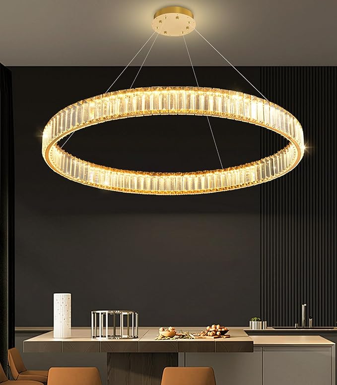 32'' Modern Ring Chandelier Crystal Chandeliers for Dining Room Round LED Dimmable Ceiling Light Fixture for Living Room Bedroom Lighting Gold