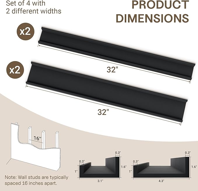 Fun Memories Picture Ledge Shelf - 32 Inches Floating Shelves Set of 4 - Floating Shelves with Lip for Storage - Wood Bookshelf Wall Mounted for Bedroom - Living Room - Kitchen - Black Color