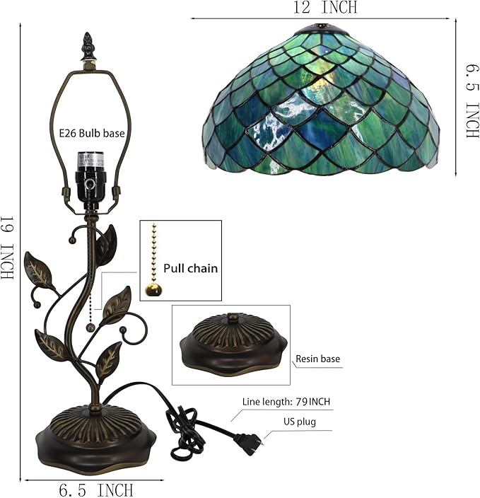 Tiffany Table Lamp, Stained Glass Desk Light, W12H19 Inch, Metal Leaf Base (Fishscale Style)