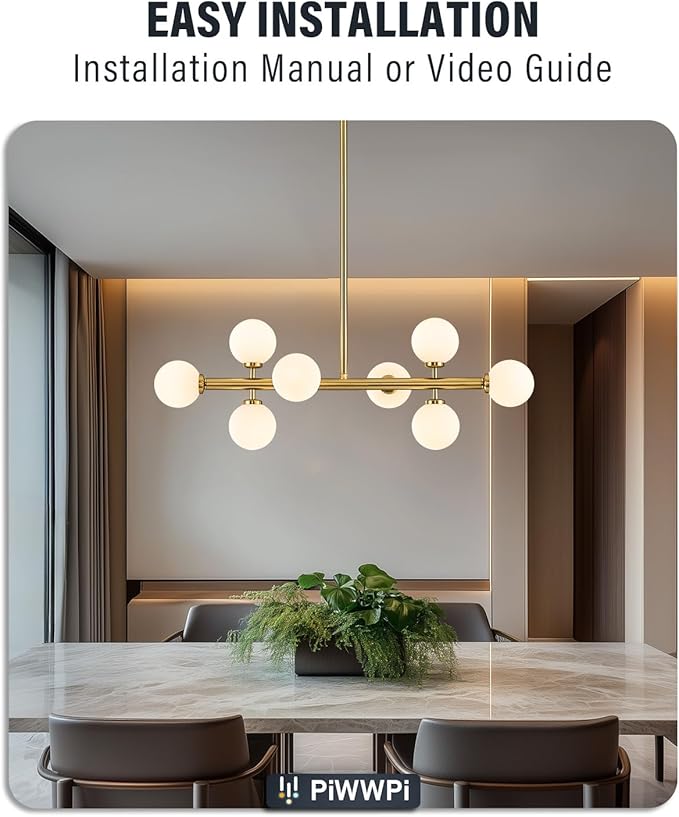 Modern Linear Chandeliers for Dining Room, 8-Light Globe Sputnik Pendant Ceiling Light, Brass Gold Dining Room Light Fixture Over Table, Mid Century Glass Milk White Bubble, 31.5 Inch, GC-09