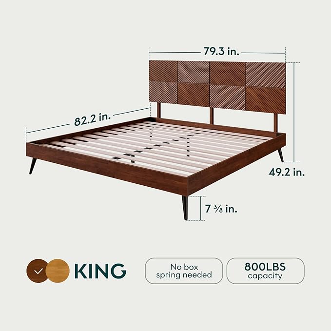 Bme Rhombus King Bed Frame – Solid Rubber Wood with Geometric Rhombus Headboard, Walnut Finish, Scandinavian Modern Platform Bed with Sturdy Slats & Metal Legs, No Box Spring Needed