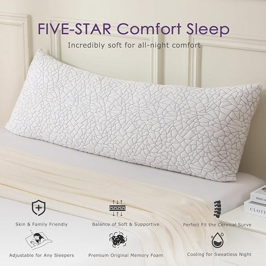 Shredded Memory Foam Full Body Pillow - Cooling Removable Bamboo Rayon Cover + Extra Gel Foam, Soft-Firm Adjustable for Adults, Oeko & CertiPUR-US Standard, 20x54 Inch, 1 Pack