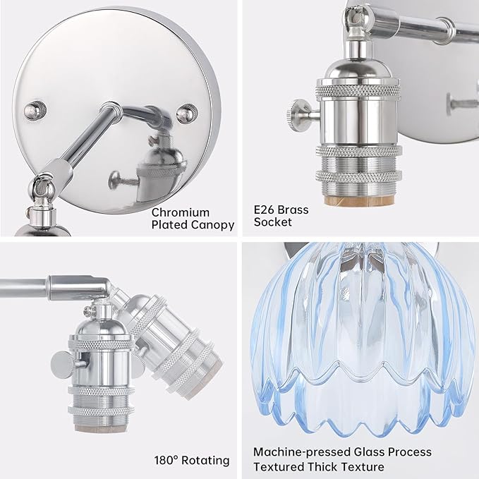 Vintage Wall Sconce Set of 2 - Rechargeable Battery Powered with Remote Control, Clear Light Blue Tulip Glass Lampshade (5000mAh) for Bedroom/Doorway