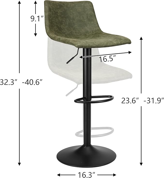 Finnhomy Bar Stools Set of 2 Counter Height, Swivel Barstools with Footrest and L Shape Back, Height Adjustable Modern Bar stools for Kitchen, Vintage Leather, Retro Green
