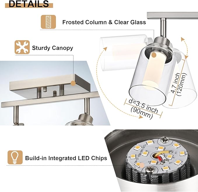 5-Color Temperature 5-Light LED Track Lighting Fixtures Ceiling, Brushed Nickel Spotlight Bathroom Wall Lamp with Integrated LED Chips & Clear Glass Shade & Frosted Column