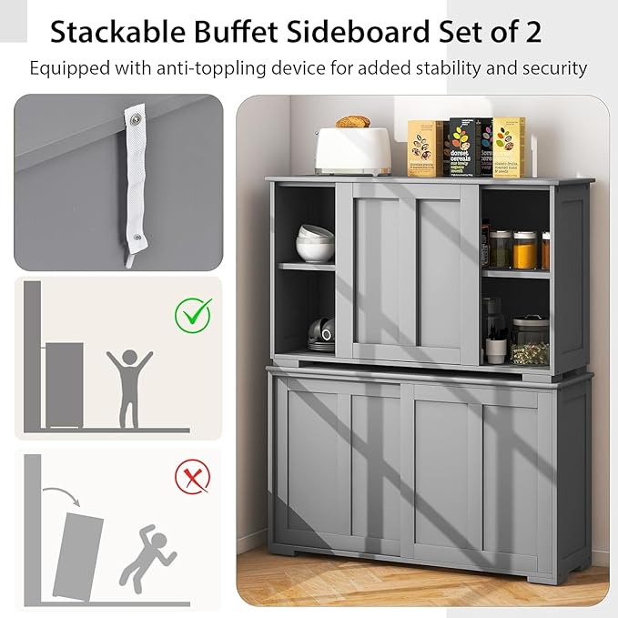 NAFORT Sideboard Buffet Cabinet with Adjustable Shelves, Modern Storage Cabinet with Sliding Doors, Buffet Table for Dining Room, Kitchen, Living Room, Farmhouse Style Sideboard Cupboard (Gray)
