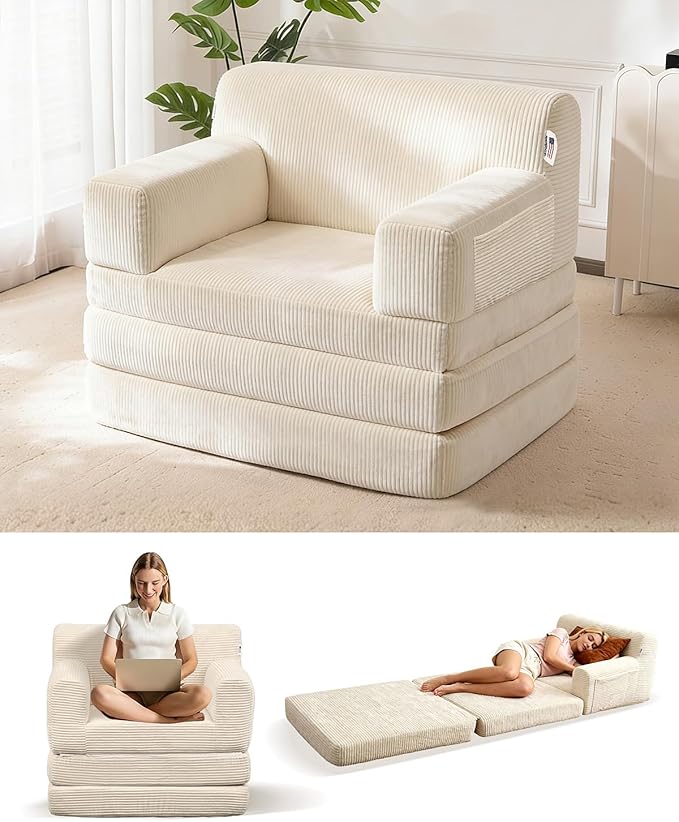 Boneless Couch Sofa Bed, Convertible Sleeper Chair with One-Piece High-Density Foam (No Lumps), Foldable Floor Mattress for Adults Guest Gaming, Non-Slip, Side Pockets, 84"x35", No Assembly