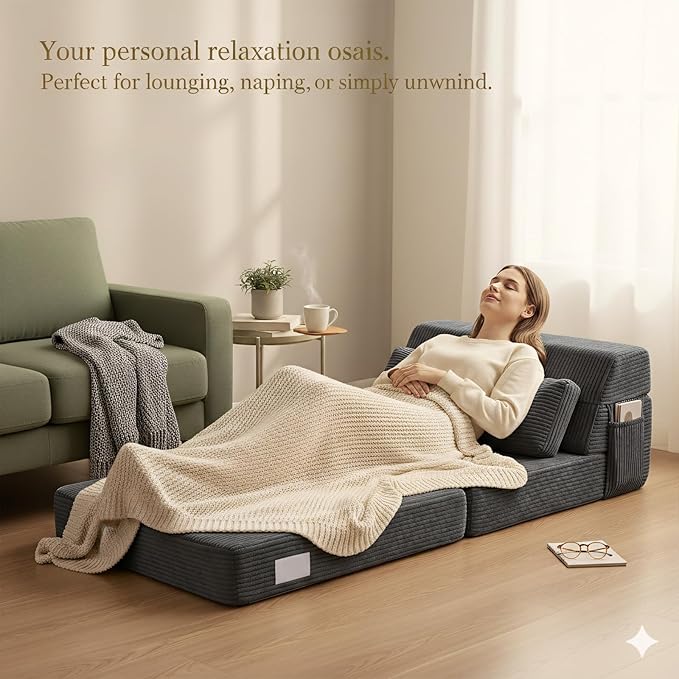 Folding Sofa Bed with Pillow, Convertible Sleeper Chair, Comfy Floor Futon Couch Mattress Lounge Lounge Sofa for Adults Portable Fold Out Chair Bed for Living Room Bedroom, Single, Gray