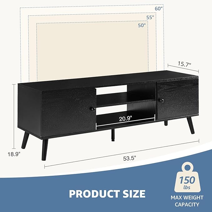 NEWBULIG TV Stand for 55 60 inch TV, Modern Mid Century Entertainment Center with Storage, Wooden Media Console Table 2 Cabinet for Living Room, Soft Hinge, Handle Door, Office Furniture, Black