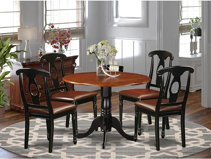 East West Furniture DLKE5-BCH-LC 5 Piece Dining Table Set for 4 Includes a Round Kitchen Table with Dropleaf and 4 Faux Leather Upholstered Dinette Chairs, 42x42 Inch, Black & Cherry