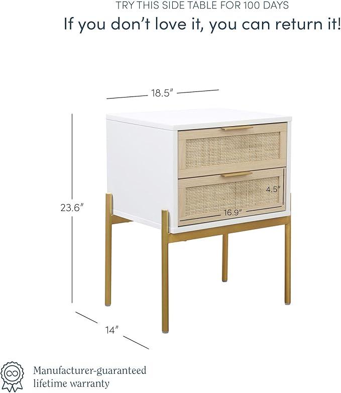 Andrew End, Bedside or Side Table in Matte White Finish with Two Natural Rattan Drawers Doors for Storage and Brass Gold Accents for Living Room or Bedroom, White/Cane/Gold