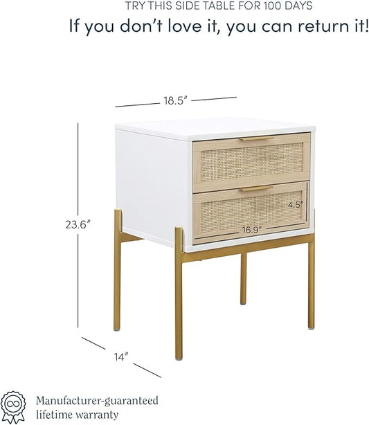 Andrew End, Bedside or Side Table in Matte White Finish with Two Natural Rattan Drawers Doors for Storage and Brass Gold Accents for Living Room or Bedroom, White/Cane/Gold