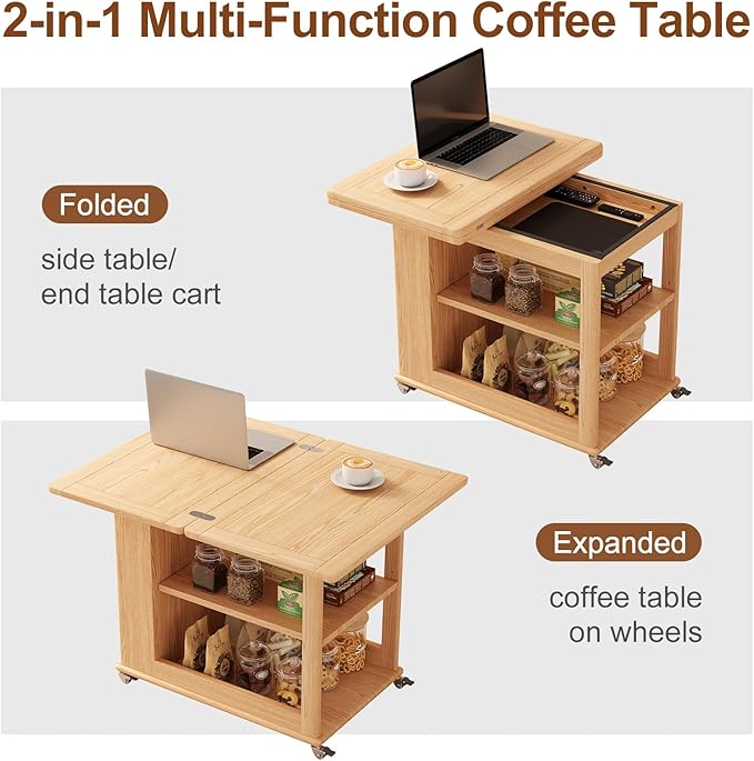 Folding Dining Table with Wheels, Solid Wood Dining Table Stylish 2-Tier Design for 2-4,Natural Hidden Storage for Living Room,Small Spaces, Dining Room, Kitchen