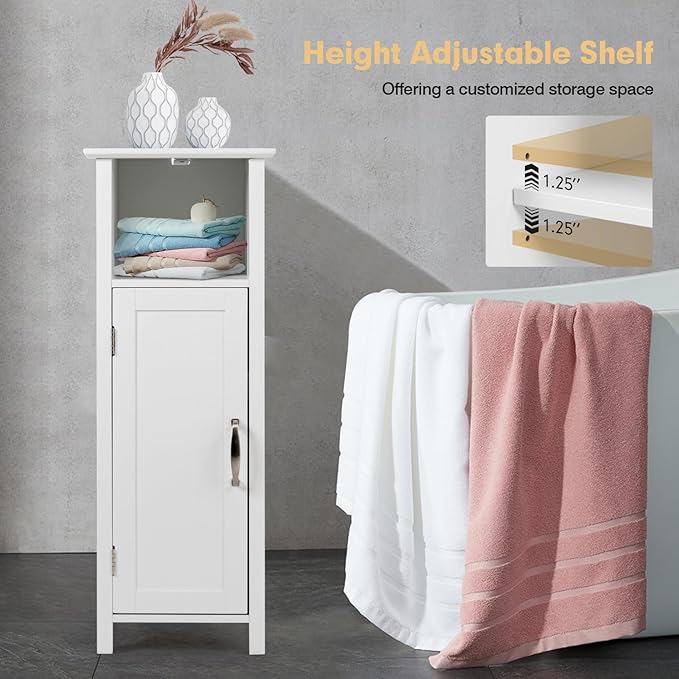 LDAILY LUARANE Wooden Bathroom Floor Storage Cabinet, Side Storage Organizer Cabinet with 1 Door Open Shelf Adjustable Shelves, Small Free Standing Sideboard for Entryway Living Room Kitchen (White)