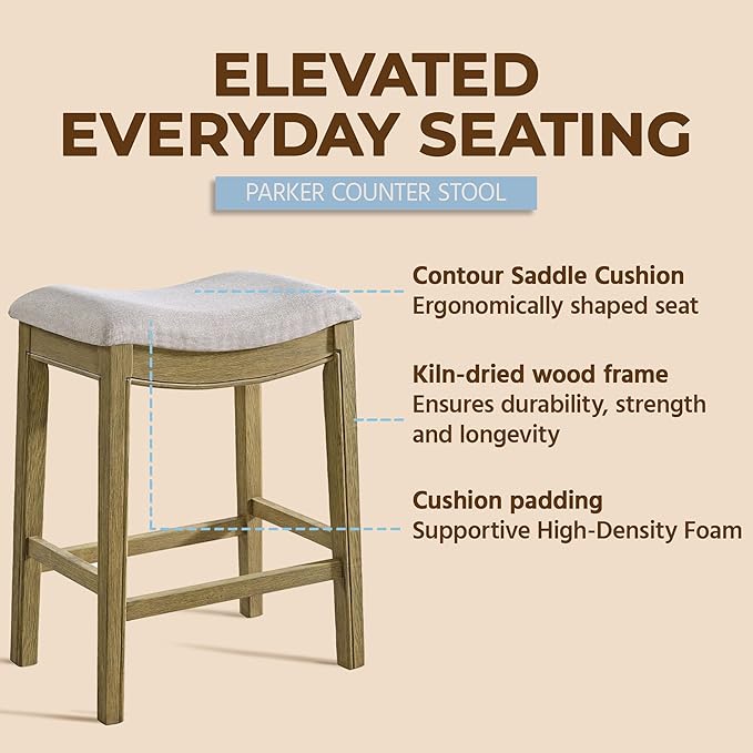 ROME + OAK Parker 26 Inch Counter Stool, Backless Saddle Kitchen Barstool in Natural Finish with Cream Fabric Upholstery Cushion Seat
