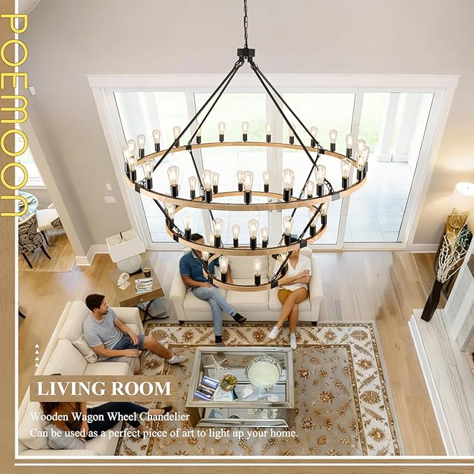 48 Lights 3 Tier Extra Large Wooden Wagon Wheel Chandelier Natural Farmhouse 63'' High Ceiling Black Rustic Round Wood Pendant Light Fixture for Living Room Foyer Villa Staircases