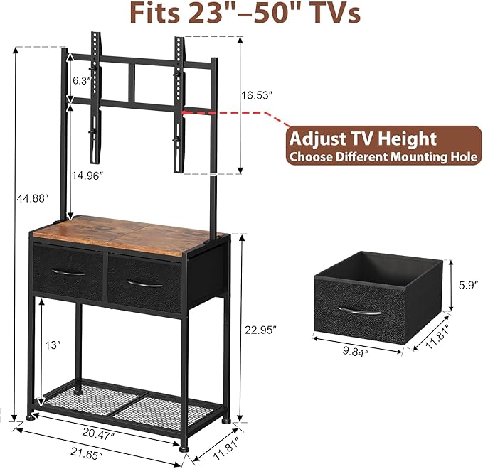 23-50 Inch Corner TV Stand with Mount and 2 Fabric Drawers, Floor Small TV Stand for Bedroom Living Room, Entertainment Center with Storage Shelves, Television Stands TV Console Table, Black & Brown
