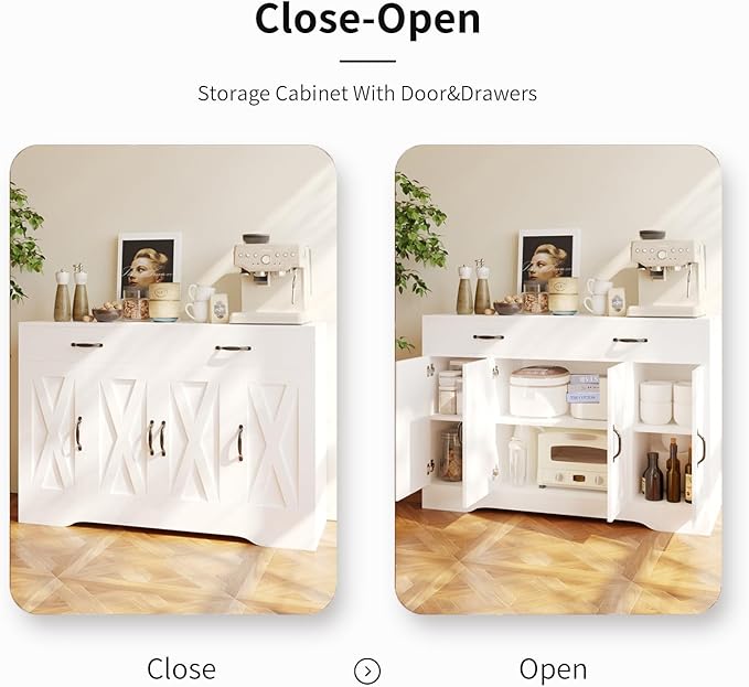 Sideboard Cabinet with Drawers, 47" W Sideboard Buffet Storage Cabinet with Storage for Kitchen, Farmhouse Coffee Bar Cabinets with Shlves and Doors for Hallway, White