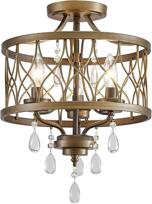 Farmhouse Crystal Ceiling Light Fixture, 3-Light Semi Flush Mount Crystal Chandelier Light Fixture Rustic Vintage Bronze Pendant Ceiling Lamp for Hallway Corridor Kitchen Entryway Bedroom Living Room