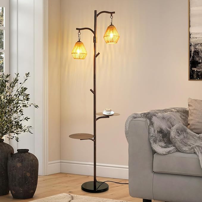 Hsyile Arc Floor Lamp with Cage Shade,Rattan&Fabric Boho Floor Lamps for Living Room Bedroom,Rust Color Industrial Dimmable Floor Light,Farmhouse Rustic Tall Lamp for Office Reading