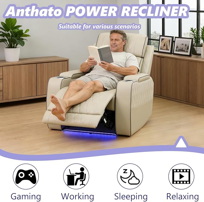 Power Leather Recliner Sofa Chair, Living Room Furniture Sets, Breathing Leather Reclining Couch Chair, Single Recliner with Arm Storage/Cup Holder/Charging Port for Home Theater/Office, Khaki