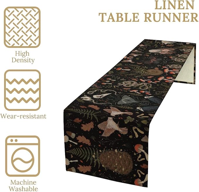 Retro Gothic Table Runner Halloween Crow Moth Fantasy Bird Snake Floral Mushroom Country Abstract Kitchen Dining Table Decoration for Living Room Holiday Outdoor Home Party 13x90in