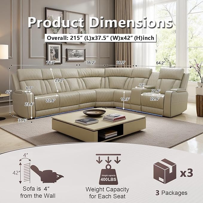 Living Room Furniture Sets, Power Recliner Sectional Sofa with LED Light for Living Room, Leather Reclining Sectional Couches Set, Cup Holder, Storage Console for Home Theater Seating
