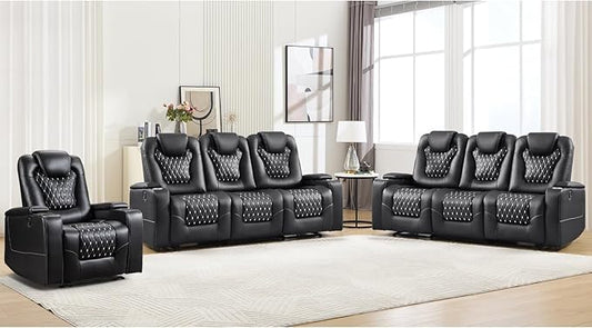 ANJ Power Recliner Sofa Set with 1 Recliner and 2PC 3 Seater Sofa, Electric Reclining PU Leather Living Room Furniture with USB Ports, Cup Holders and Hidden Arm Storage, Black