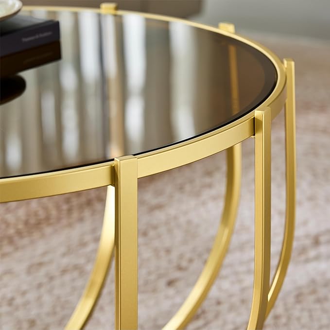 Saint Mossi Glass Round Coffee Table for Living Room, Modern 2-Tier Gold Drum Center Table, Brown Glass Top, Walnut Shelf with Gold Finish Legs & Frame, W30xH16.5