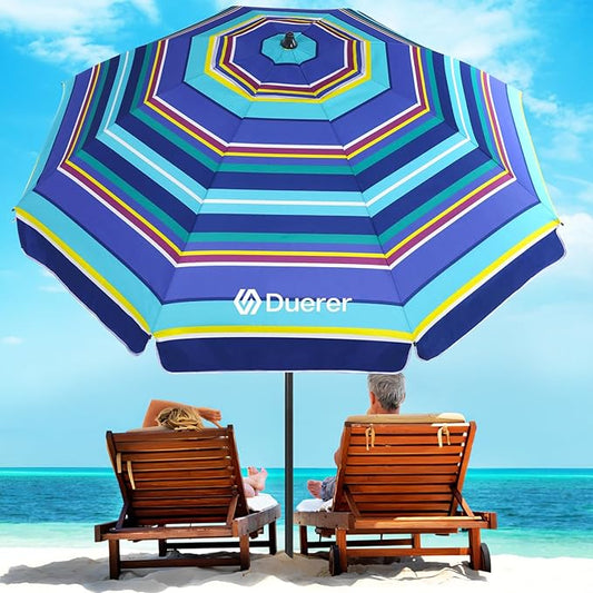 Duerer Beach Umbrellas, 8.5FT Beach Umbrella for Sand with Anchor Heavy Duty Windproof, Height Adjustable Tilt Iron Pole, Portable Beach Umbrella with Carrying Bag for Beach, Patio Garden Outdoor