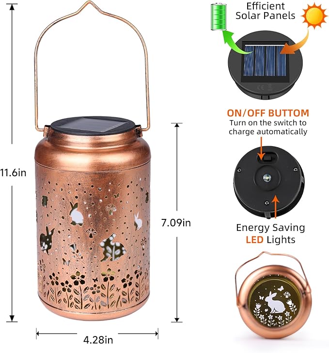 Rabbit Solar Lanterns Outdoor Waterproof Hanging Lights Garden Decor Birthday Gifts for Women Mom Grandma Metal Solar Lantern Decorative Light for Yard,Porch,Patio,Pathway,Backyard