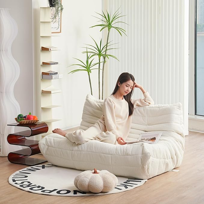N&V Fireside Loveseat, Mid Century Armless Twin Size Floor Sofa, Soft Premium Corduroy Floor Lounge Chair, Foam Sofa Accent Chair for Living Room Bedroom and Office, Ivory