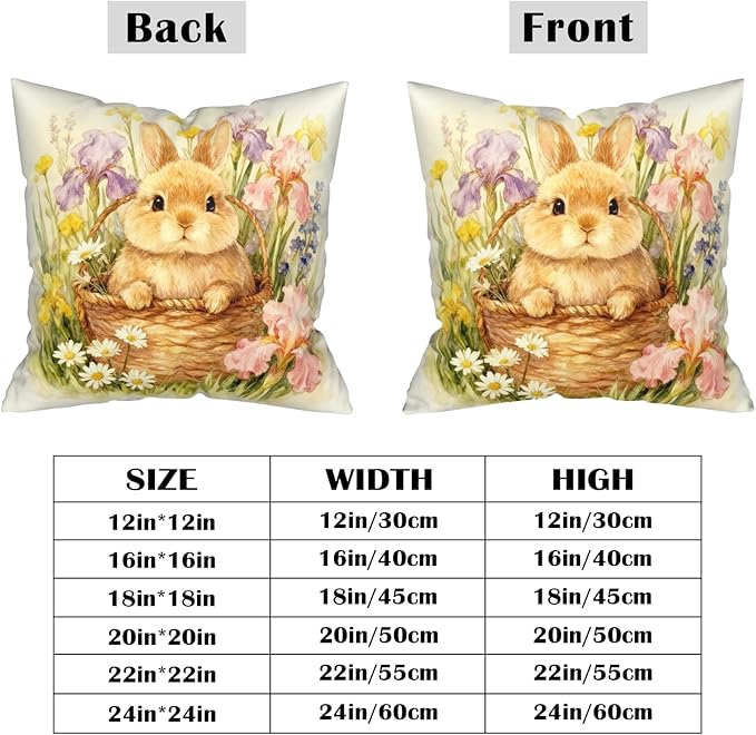 Easter Bunny Throw Pillow Covers Spring Rabbit Flowers Pillow Cases Happy Easter Pillow Covers 16x16 Pack of 2 Watercolor Iris Daisy Floral Cushion Cases for Home Outdoor